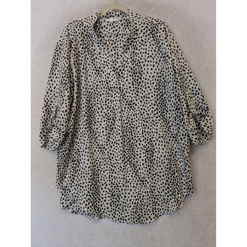 Amaryllis Tunic Women's 1X Cream Black Leopard Print 3/4 Sleeve V-Neck‎ Blouse